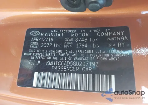 2016 Hyundai Veloster z USA, uszkodzony, nr VIN KMHTC6AD5GU297192
